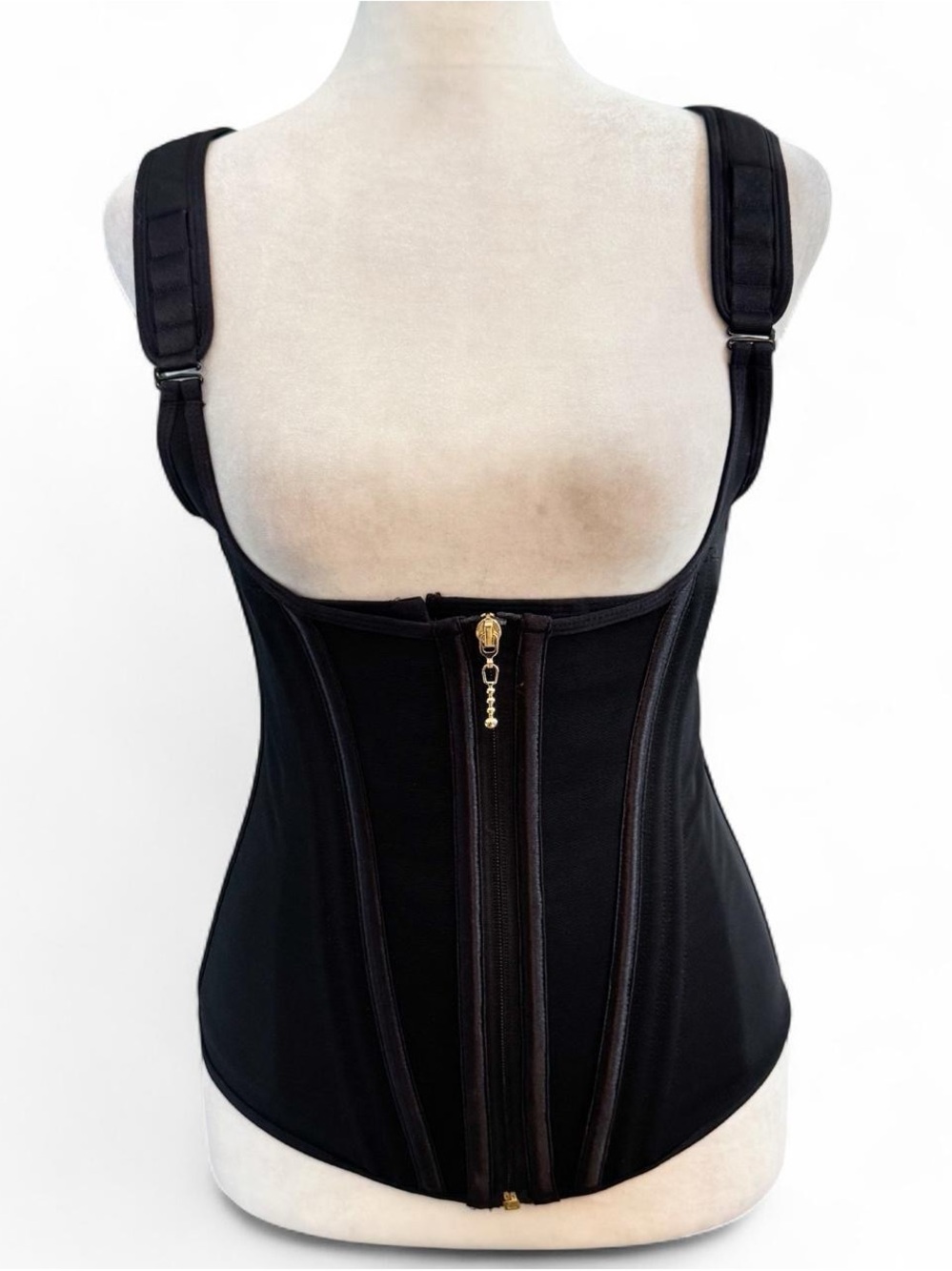 Black Waist Trainer Vest Zip Front Hook Closure Adjustable Straps Shapewear